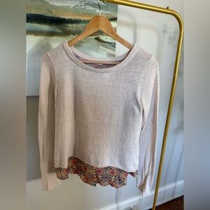 Anthropologie Cream Long Sleeve Top with Patterned Hem XS